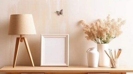 A blank vertical wooden picture frame mock-up sits on the table.