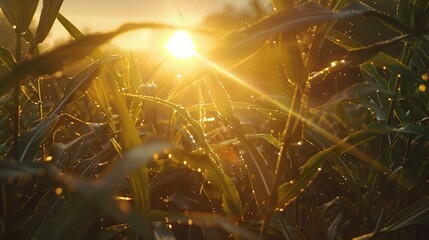 breathtaking sunrise scene in illinois cornfield during july dawn with dewy leaves and golden sun beams - obrazy, fototapety, plakaty