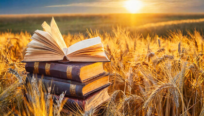 Vintage Books Amidst a Wheat Field: Bathed in Warm Summer Sunlight - obrazy, fototapety, plakaty