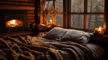 A cozy warm Bed with a blanket and pillows by the window in a log cabin in the Woods. Rustic bedroom interior with fireplace. Horizontal Banner with Copy Space, Nature, Travel, Lifestyle, Summer.