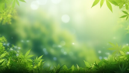 Fresh marijuana leaves background with copy space for text, blurred cannabis foliage