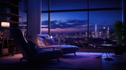 Obraz premium Modern interior design of living room, Taiwan, Taipei city skyline, purple and blue high contrast