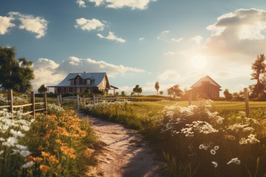 Pastoral landscape with houses during sunset, flowers in foreground.