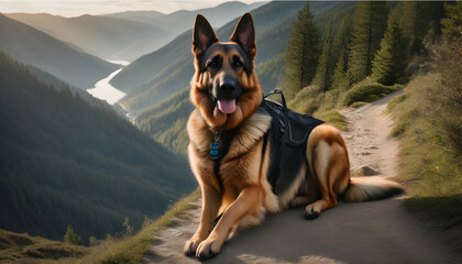 A loyal German Shepherd accompanying its owner on a hiking trail - obrazy, fototapety, plakaty