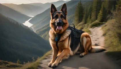 Fotobehang A loyal German Shepherd accompanying its owner on a hiking trail © Dragon Stock