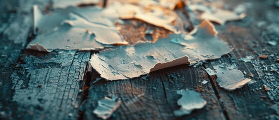 Raw beauty of torn paper fragments scattered on a weathered wooden surface