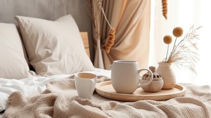 An elegant Boho bedroom with a cup of coffee on a tray.