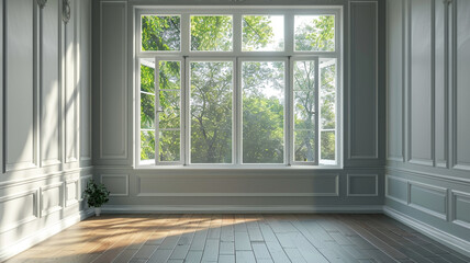 classical empty room with wooden floors and white window framing a nature view