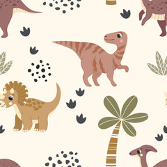 Vector seamless pattern with dinosaurs in cartoon style.