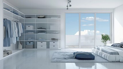 Modern interior of bedroom with open wardrobe in a house.