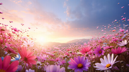 Fototapeta na wymiar panorama view of beautiful field of flowers with flying petals at sunrise