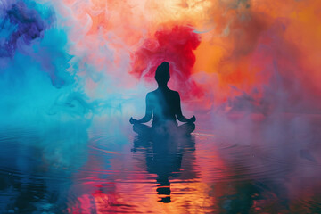Silhouette of Meditating Person with Reflective Water Surface and Vivid Colors of Mystical Smoke