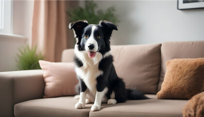A playful Border Collie sitting on a plush sofa