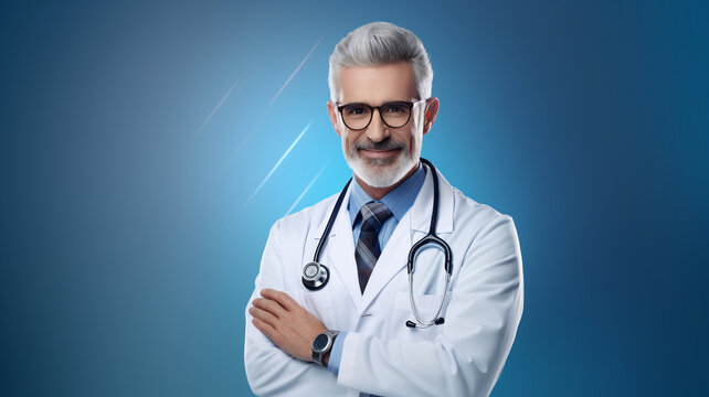 Portrait of confident medical doctor on blue background