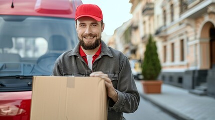 delivery courier service man in red cap and uniform holding a cardboard box near a van truck delivering to customer home, smiling man postal delivery man delivering a package