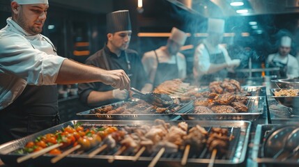 group of people on catering buffet food indoor in restaurant with grilled meat, buffet service for any festive event, party or wedding reception - obrazy, fototapety, plakaty