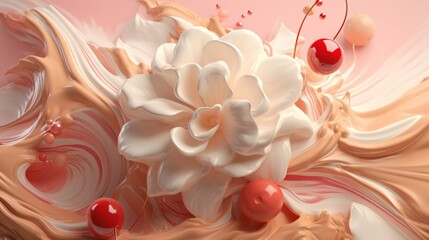 background with flowers, beautiful cream flower and cherry