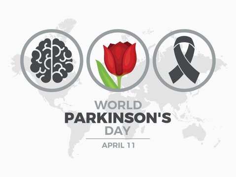 World Parkinson's Day poster with red tulip vector illustration. Red tulip, gray awareness ribbon and human brain round icon set vector. Suitable for card, background, banner. April 11 every year