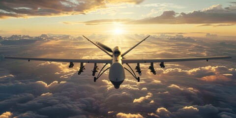 military drone flying above the cloud at sunset 