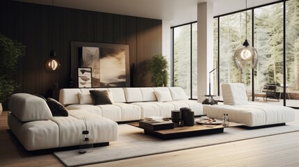 Modern living room with design furniture sofa couch light interior furniture white black relax in luxury cocooning