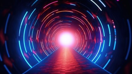 A tunnel with a red and blue glow, the lines of neon lights.