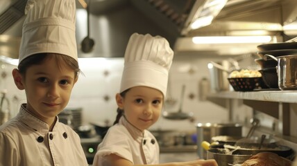 Two young chefs posing in a commercial kitchen - A heartwarming image of two child chefs confidently posing in a busy commercial kitchen environment