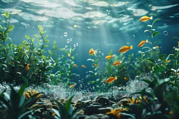 Fototapeta na wymiar Underwater scene with fish and water plants - A serene underwater landscape with lively fish swimming among green aquatic plants and sunlight filtering through