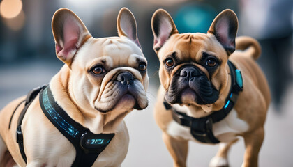 A stylish French Bulldog sporting a fitness tracker on its collar,