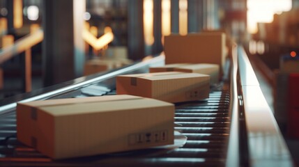 cardboard box packages seamlessly moving along conveyor belt in warehouse fulfillment center, snapshot of ecommerce delivery automation and logistics