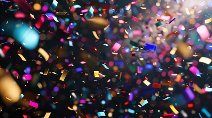 vibrant confetti falling on black background, festive mardi gras celebration with colorful decorations for joyous event