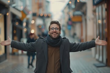 Fototapeta premium Happy man celebrating a promotion on the street