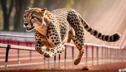 A swift cheetah weaving through a series of hurdles - obrazy, fototapety, plakaty