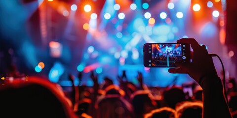 Hand holding smartphone recording live video concert, online event 