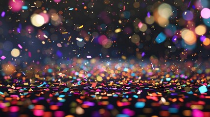 glittering mardi gras confetti on black background, lively celebration with vibrant colors for cheerful party decoration - obrazy, fototapety, plakaty