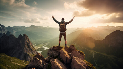 A traveler with a backpack standing on top of a mountain with his arms outstretched at sunset. Success, achieved goal, active tourism, Nature, Travel, Lifestyle, Horizontal Banner with Copy Space. - obrazy, fototapety, plakaty