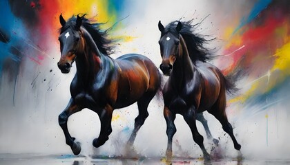 Two galloping horses are immortalized in a stunning display of vivid colors and dynamic motion, their wild spirits captured on canvas. AI generation