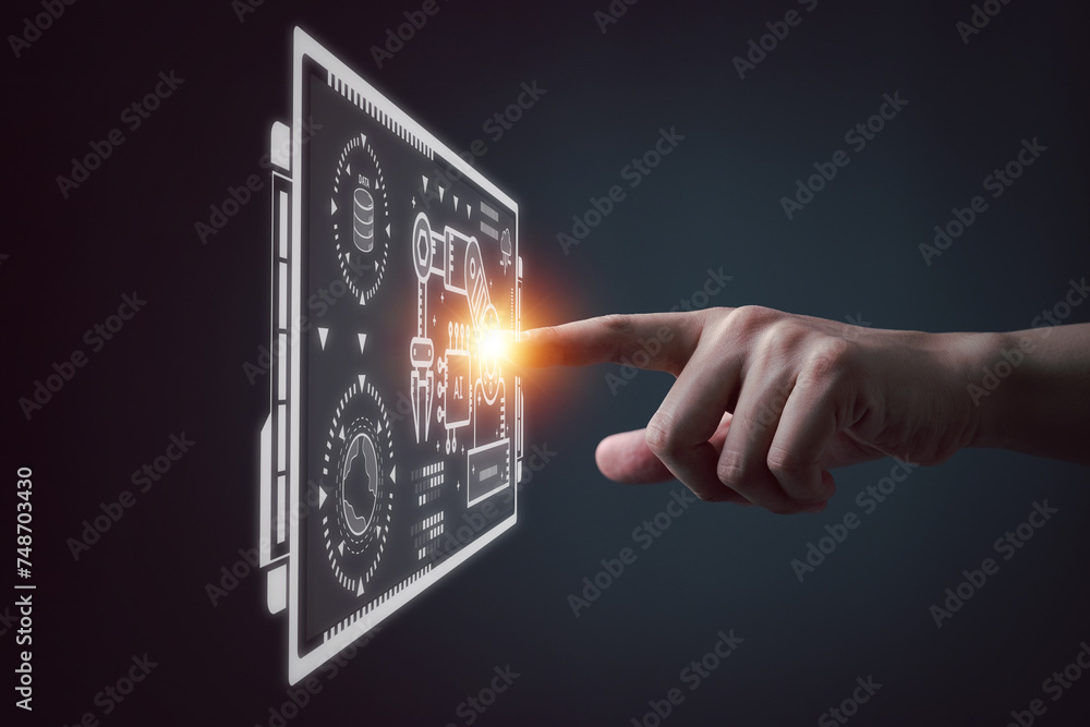 Poster man hand touch virtual screen, connect with ai bot arm, control various system