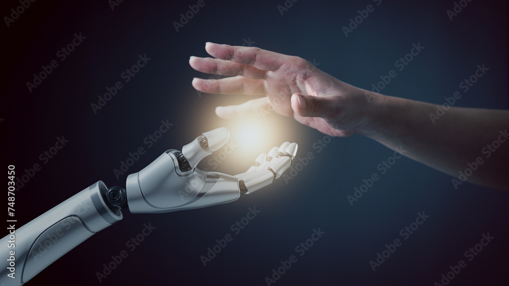 Aufkleber robot hand touch human hand, the concept of using artificial intelligence technology or machine lear