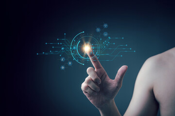 Man scan fingerprint biometric identity and approval. Secure access granted by valid fingerprint scan