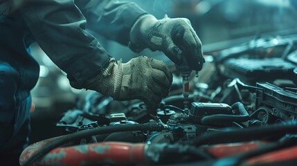 technician hands of car mechanic working repair in auto repair service, electric battery maintenance and diagnostics for vehicle electrical system - obrazy, fototapety, plakaty