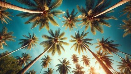 Fototapeta na wymiar A tropical scene with tall palm trees against a clear blue sky perspective from below looking up towards canopy, jungle, object, abstract, outdoors, green, holiday, print, environment