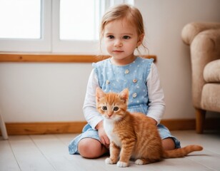 Fototapeta premium A little girl is sitting with a kitten. The scene is warm and friendly, with the girl and kitten enjoying each other's company
