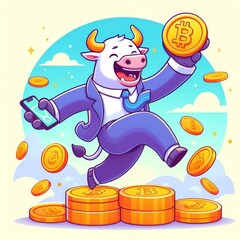 An anthropomorphic bull, clad in a suit, joyously leaps over Bitcoin coins against a stylized backdrop. The image symbolizes financial optimism in cryptocurrency.