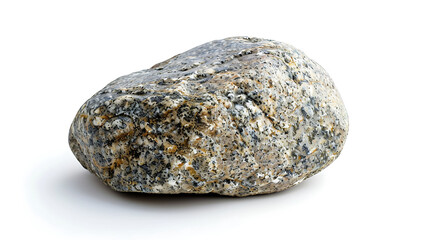 A fist-sized, gray rock with black and white spots sits on a white surface. The rock is smooth and...