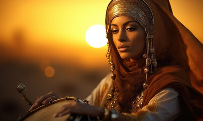 Beautiful arabic woman with ancient music instruments, amazing sunset background