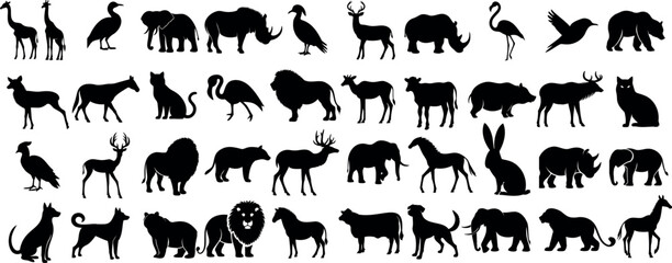 Faune silhouette collection d’animaux, parfaite pour logos, icônes, design graphique. Comprend éléphant, cerf, lion, chat, chien, oiseau, cheval, ours, girafe, chameau, cygne, kangourou, rhinocéros, - obrazy, fototapety, plakaty
