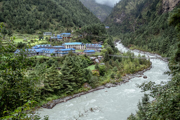 Fototapeta premium view of the river in the mountains at Phakding in the Himalayas