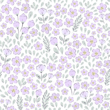 Vector illustration. Seamless pattern of purple small flowers on a white background. Ditsy floral purple pattern, field of flowers, print for fabric, textile, wallpaper, baby clothes, packaging