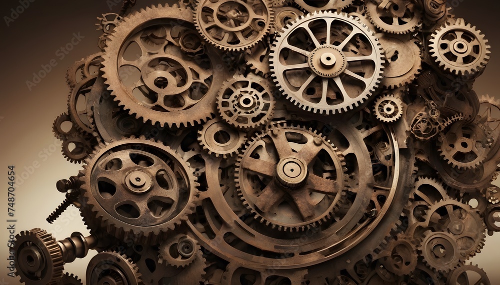 Poster monochrome gears mesh together in a symbolic representation of industry, precision engineering, and 