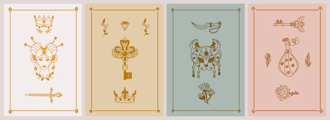 Set of esoteric posters. Girl with magical amulets, crown, sword, key with ornament, diamond, lynx mask,flower with three branches, druid sickle Boho style vector outline illustration.